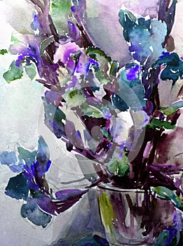 Watercolor art abstract background fresh beautiful floral iris flowers vase modern textured wet wash blurred fantasy