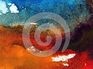 Watercolor art abstract background sky cloud landscape autumn blot overflow texture wet wash blurred fantasy