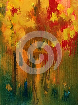 Watercolor art background abstract autumn tree yellow red green blue colorful textured wet wash blurred