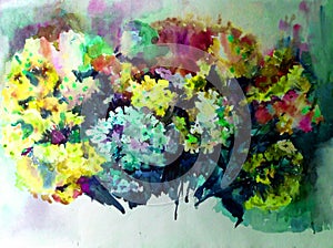 Watercolor art background abstract blue yellow lilac