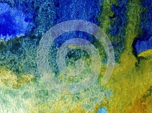 Watercolor art background abstract blue yellow rain liqued colorful blue overflow liqued textured wet blurred decoration