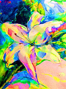 Watercolor art background abstract delicate light green yellow pink flower chamomile lily single