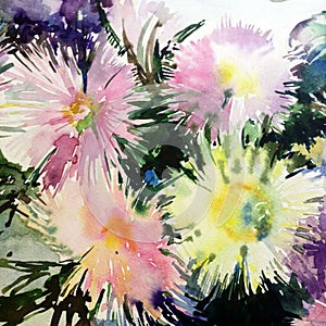 Watercolor art background abstract delicate light green yellow pink white asters flower