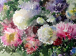 Watercolor art background abstract floral flower aster white pink violet wet wash blurred fantasy