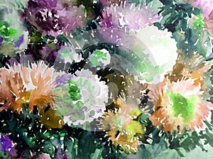 Watercolor art background abstract floral flower aster white pink violet wet wash blurred fantasy