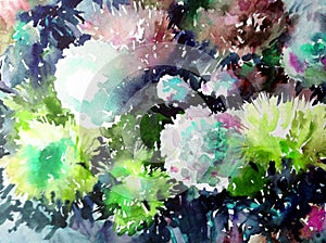 Watercolor art background abstract floral flower aster white pink violet wet wash blurred fantasy