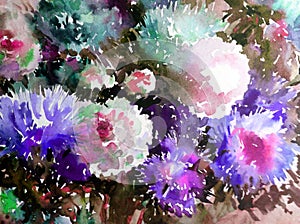 Watercolor art background abstract floral flower aster white pink violet wet wash blurred fantasy