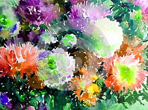 Watercolor art background abstract floral flower aster white pink violet wet wash blurred fantasy