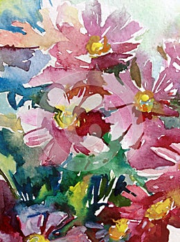 Watercolor art background abstract flower wild meadow pink violet happy colorful textured