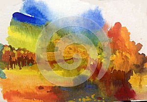 Watercolor art background abstract landscape autumn colorful textured