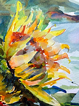 Watercolor art background abstract wind vibrant green yellow red white sunflower flower