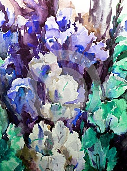 Watercolor art background blue violet iris flowers bouquet vivid