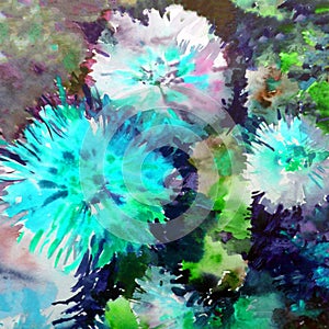 Watercolor art background colorful flowers big bouquet dahlia white blue