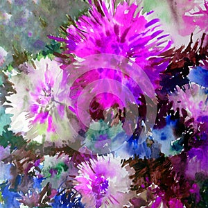 Watercolor art background colorful flowers big bouquet dahlia white blue violet