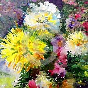 Watercolor art background colorful flowers big bouquet dahlia white blue yellow