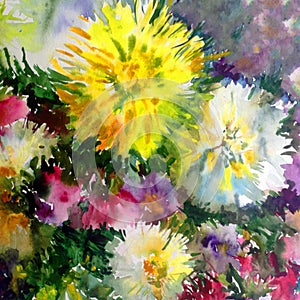 Watercolor art background colorful flowers big bouquet dahlia white blue yellow violet