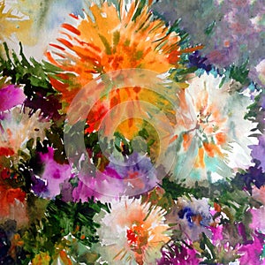 Watercolor art background colorful flowers big bouquet dahlia white orange