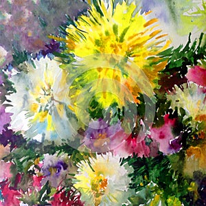 Watercolor art background colorful nature summer white yellow pink beautiful flowers blossom dahlia garden