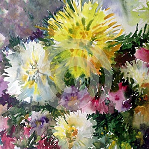 Watercolor art background colorful nature summer white yellow pink beautiful flowers blossom dahlia garden