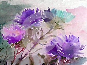 Watercolor art background colorful soft lidht violet aster flower bouquet still life painting