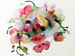 Watercolor art background colorful yellow red flower orchid violet pink romantic