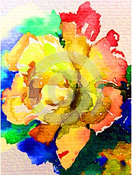 Watercolor art background nature fresh colorful yellow rose flower single delicate romantic love