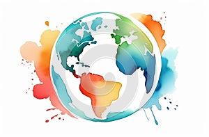 Watercolor art of a globe surrounded by colorful splashes