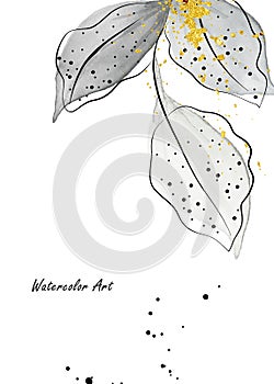 Watercolor art with green leaves branches decorated with gold drops