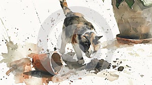 Watercolor art of Inquisitive cat next to overturned plant pot on white carpet, surrounded by scattered soil. Concept of