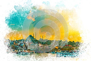 Watercolor art Istanbul silhouette sunset view