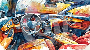 Watercolor art of Luxurious car interior with leather seats and modern dashboard. Upscale vehicle cockpit. Concept of