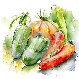 Watercolor art. Minimalist retro illustration with vegetables
