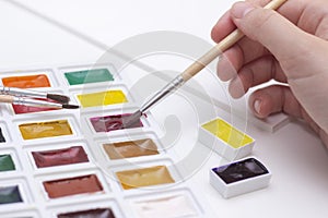 Watercolor art paint. Brush in hand. A palette of multi-colored paints for drawing with water.
