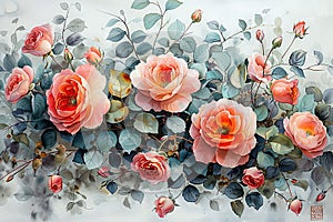 This watercolor art piece showcases lush pink roses with dew-kissed petals, delicately painted against a muted watercolor