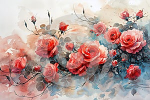 This watercolor art piece showcases lush pink roses with dew-kissed petals, delicately painted against a muted watercolor