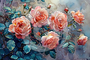 This watercolor art piece showcases lush pink roses with dew-kissed petals, delicately painted against a muted watercolor