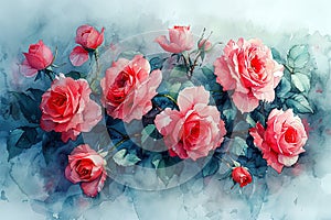 This watercolor art piece showcases lush pink roses with dew-kissed petals, delicately painted against a muted watercolor