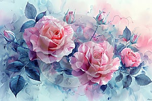 This watercolor art piece showcases lush pink roses with dew-kissed petals, delicately painted against a muted watercolor