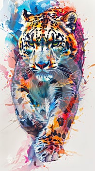 Watercolor art portrait of snow leopard face walking in vivid color