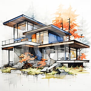 Watercolor art portrays a modern home surrounded by a tranquil forest