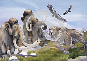 Watercolor art of a prehistoric saber-toothed cat growling on a two frightened mammoths.
