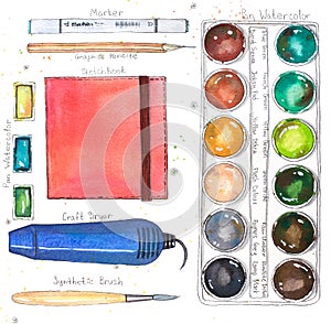 Watercolor art supplies pallet, sketchbook, pan, craft dryer, brush, marker.