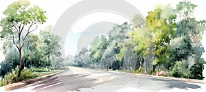 Watercolor art of winding asphalt road in lush green forest during vibrant summer season