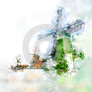 Watercolor art  of windmills in the hande made style  Holland, Europe. Zaanse Schans is a famous Dutch village with windmills,