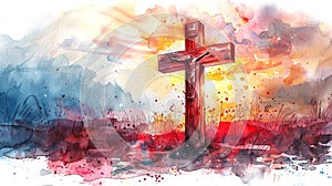 Watercolor art of wooden cross against blue sky background. Concept of rebirth, Easter celebration, resurrection, peace