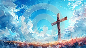 Watercolor art of wooden cross against blue sky background. Concept of rebirth, Easter celebration, resurrection, peace