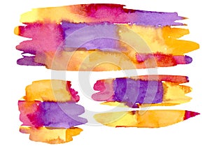 Watercolor artiatic freehand drawing stains and splash brick wall texture on white. Large Set yellow, pink, orange, red