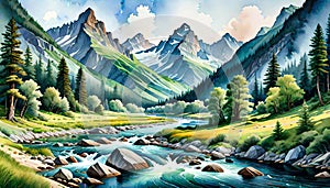 Watercolor artist expression landscape mountain river water flow scene