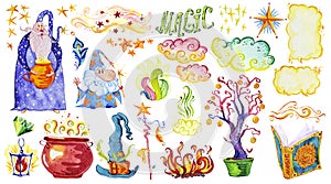 Watercolor artistic collection of magic hand drawn elements design isolated on white background.
