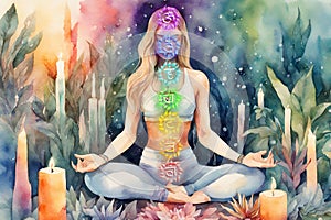 Watercolor artistic image of beautiful woman in yoga pose all shakra colors glow around her she is surrounded by plants candles